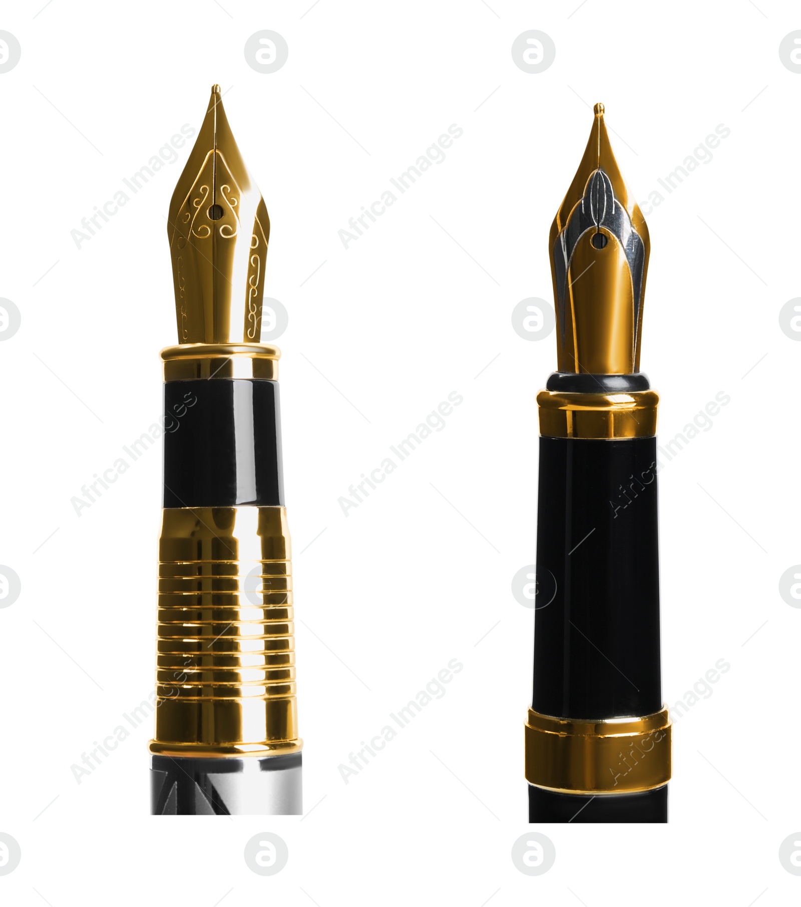 Image of Beautiful fountain pens with ornate nibs on white background