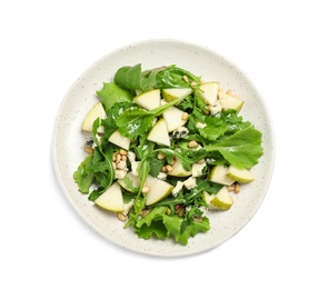 Photo of Tasty salad with pear slices, lettuce and pine nuts isolated on white, top view