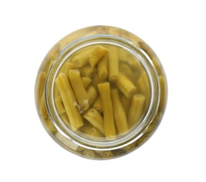 Canned green beans in jar isolated on white, top view