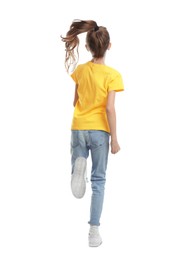 Photo of Little girl running on white background, back view