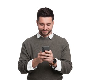 Handsome bearded businessman using smartphone on white background