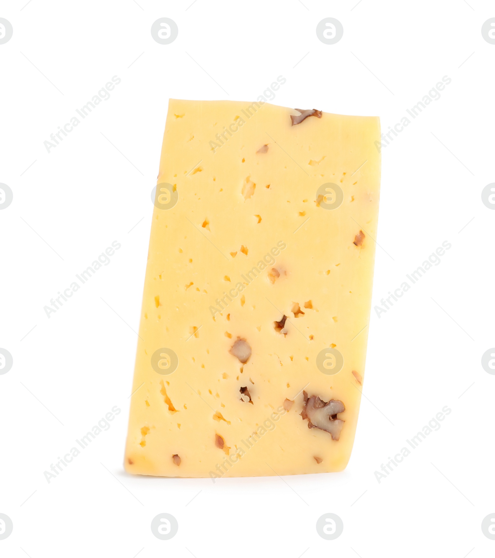 Photo of Piece of delicious cheese with nuts on white background