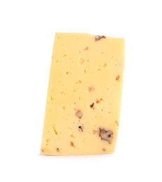 Photo of Piece of delicious cheese with nuts on white background
