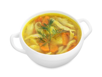 Photo of Delicious broth in bowl isolated on white