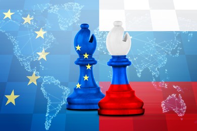 Image of Chess pieces in color of Russian and European Union flags against world map