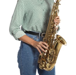 Photo of Woman with saxophone on white background, closeup