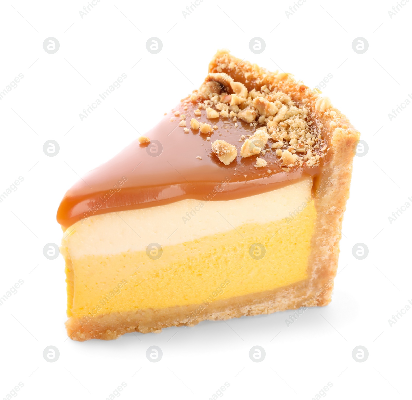 Photo of Piece of delicious cake with caramel isolated on white