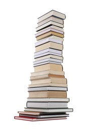 Photo of High stack of many different books isolated on white