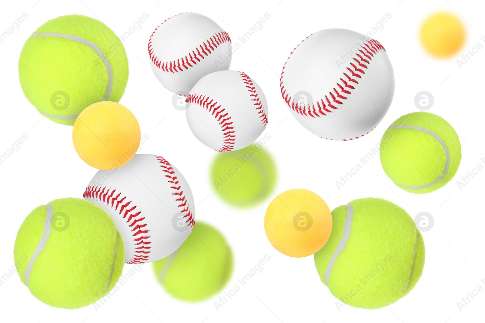 Image of Many balls for different sports flying on white background