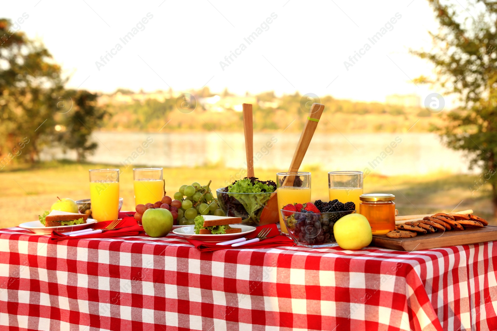 Photo of Picnic table with different snacks and drink in park