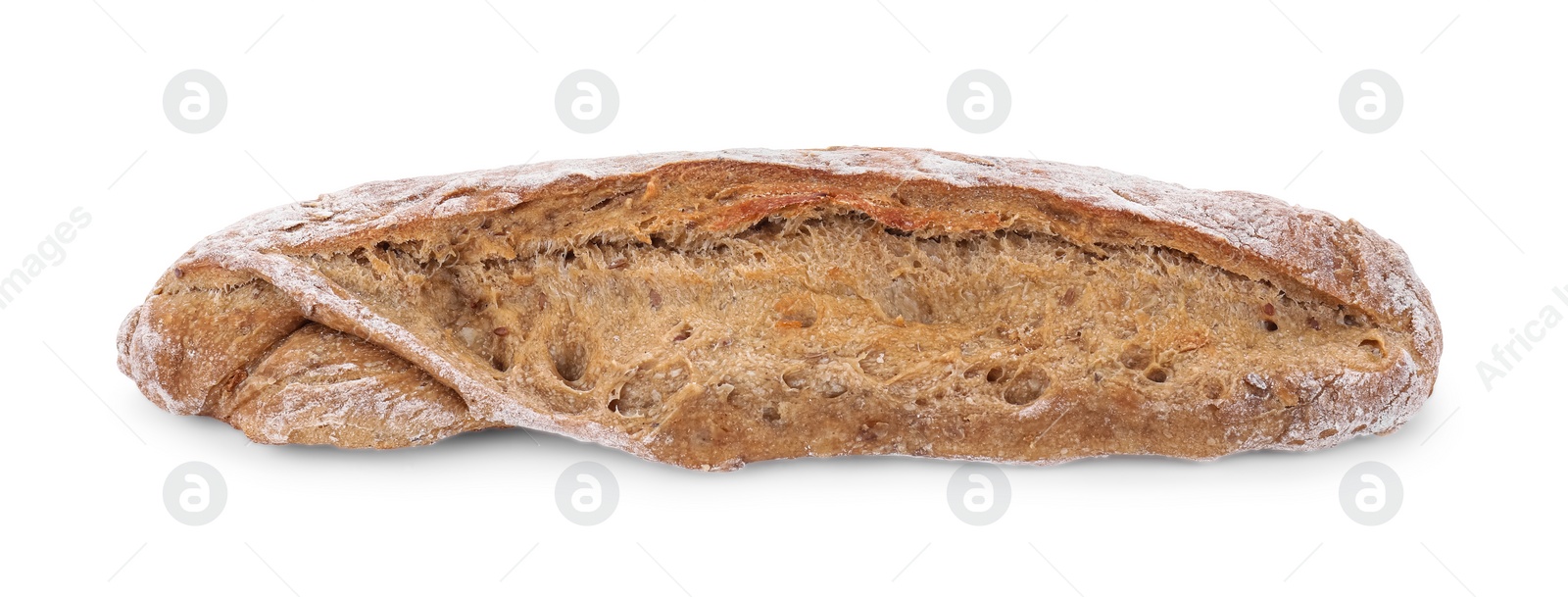 Photo of Freshly baked sourdough bread isolated on white, top view