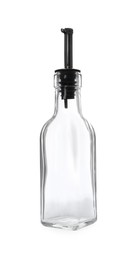 Photo of Empty glass bottle with pump for oil on white background