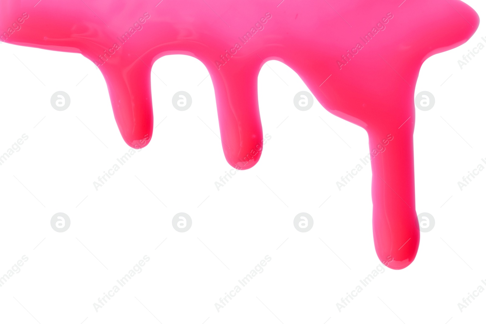 Photo of Bright pink nail polish flowing on white background
