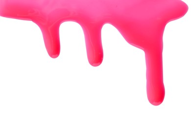 Bright pink nail polish flowing on white background