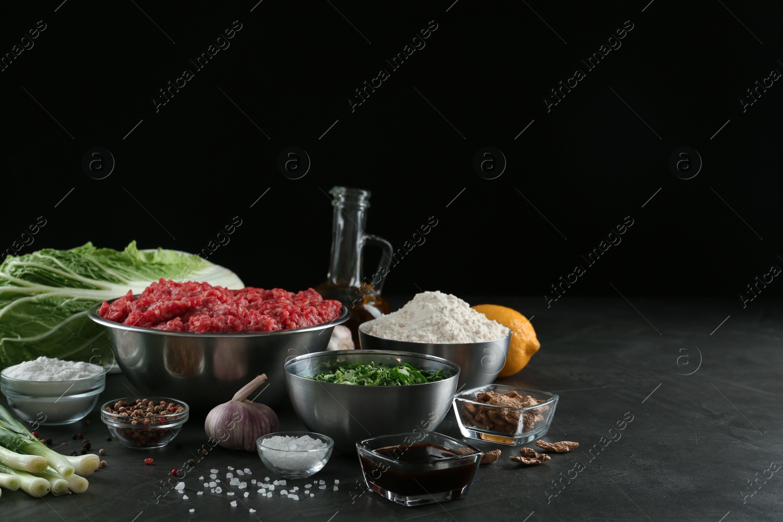 Photo of Composition with gyoza ingredients on black table, space for text