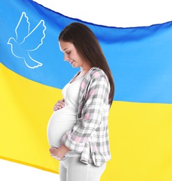 Pregnant woman and Ukrainian flag with dove as symbol of peace on white background. Stop war