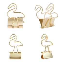 Image of Set with golden binder clips on white background
