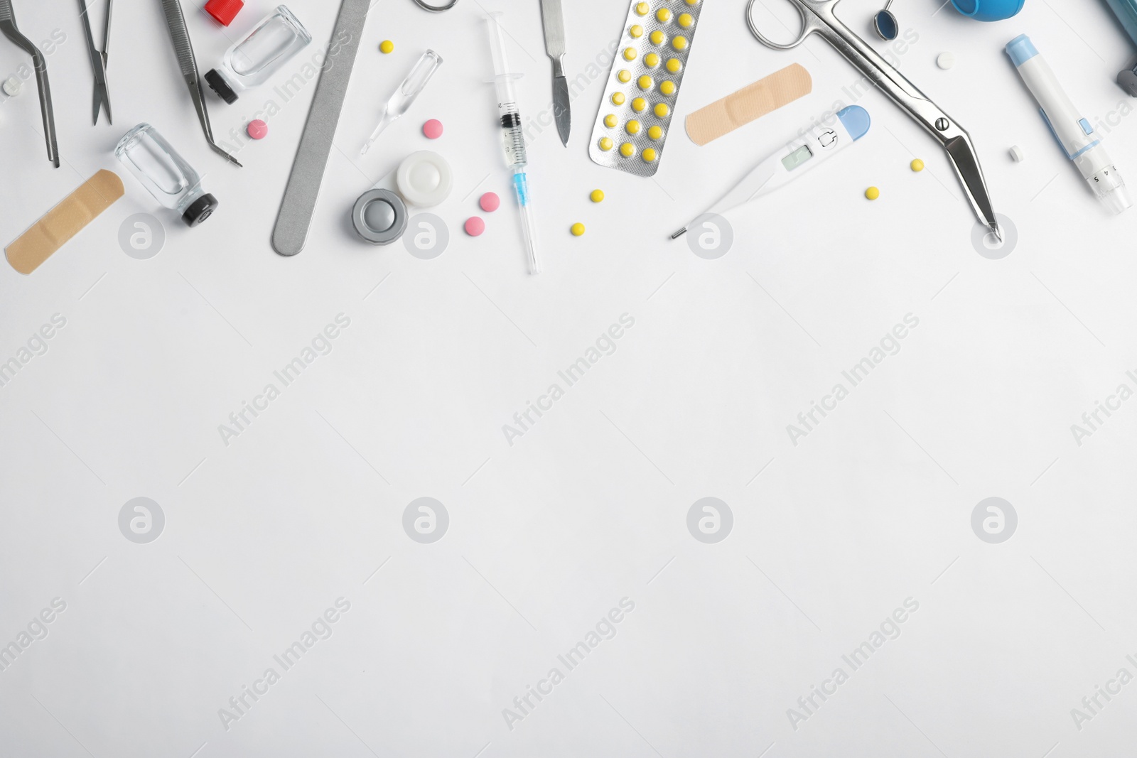 Photo of Composition with medical objects and space for text on white background, top view