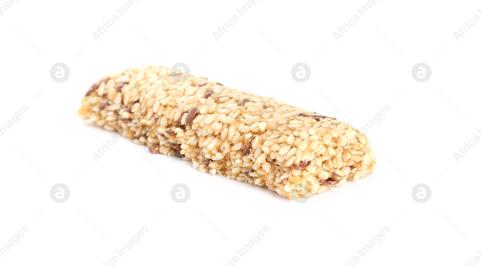 Photo of Tasty sesame seed bar isolated on white