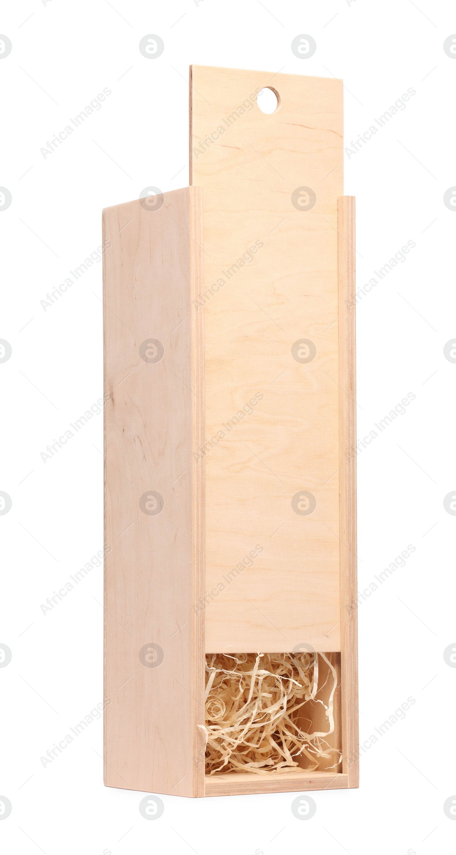 Photo of Wooden gift box for wine isolated on white