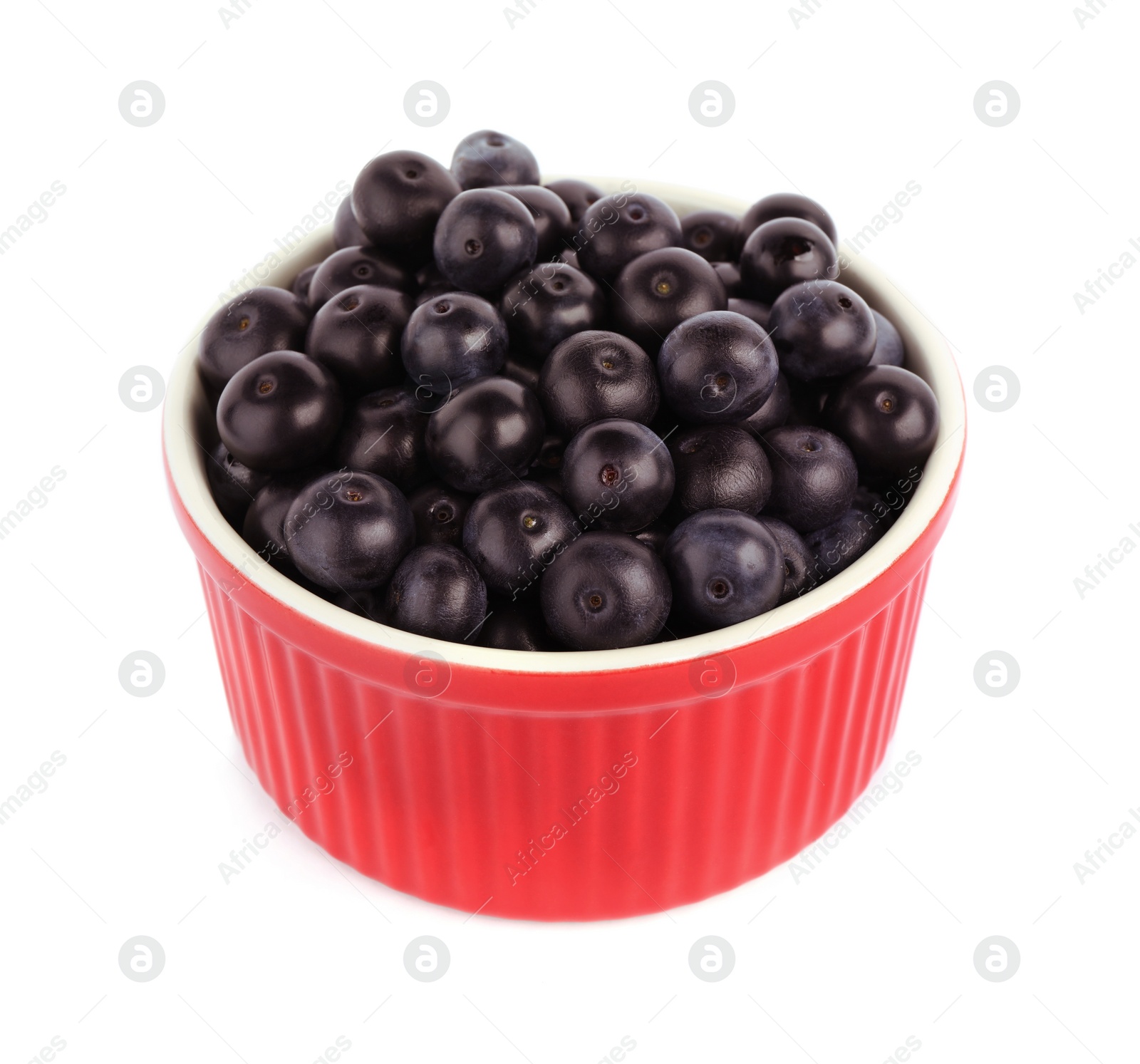 Photo of Bowl with fresh acai berries on white background