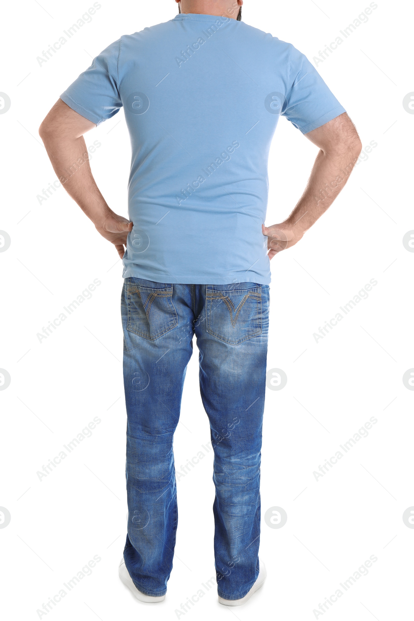 Photo of Overweight man isolated on white, closeup. Weight loss