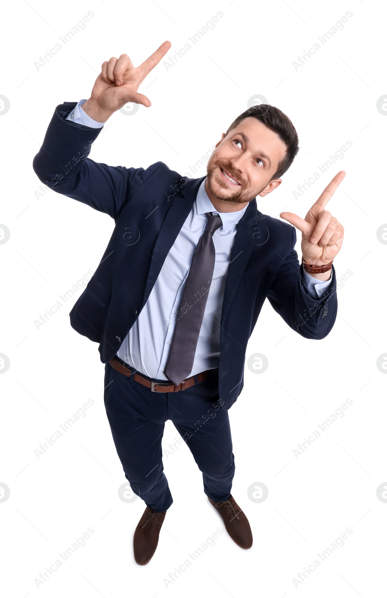 Photo of Handsome bearded businessman in suit on white background, above view