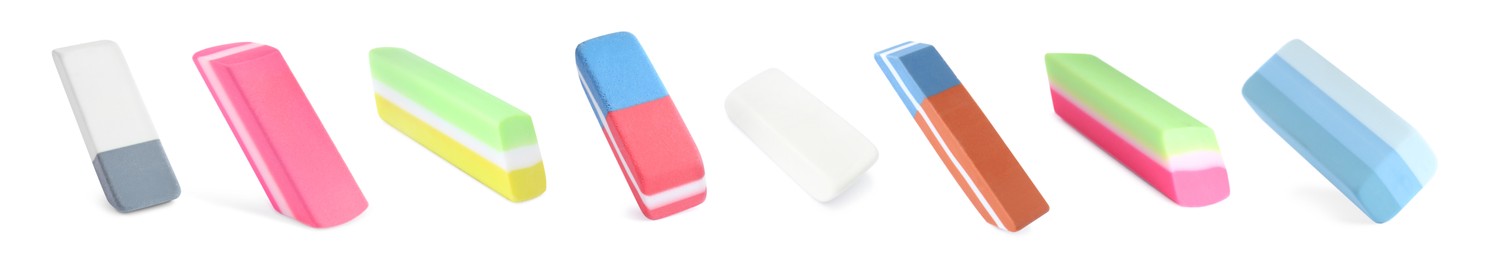 Image of Collage of rubber erasers on white background. Banner design