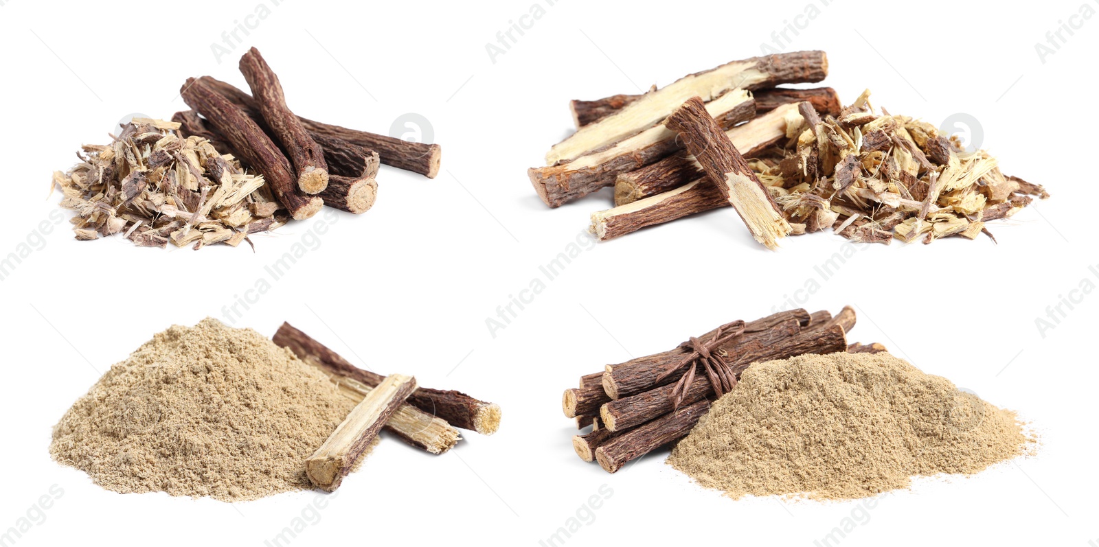 Image of Set with dried sticks of liquorice root, shavings and powder on white background. Banner design