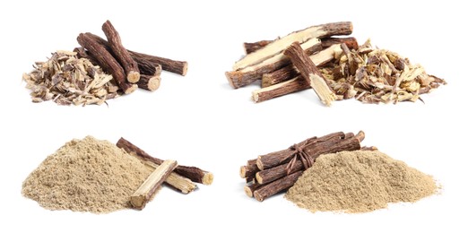 Image of Set with dried sticks of liquorice root, shavings and powder on white background. Banner design