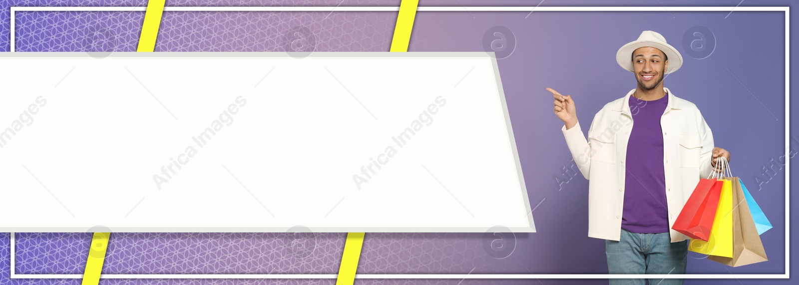 Image of Sale banner or flyer design. Happy man with shopping bags on color gradient background, space for text