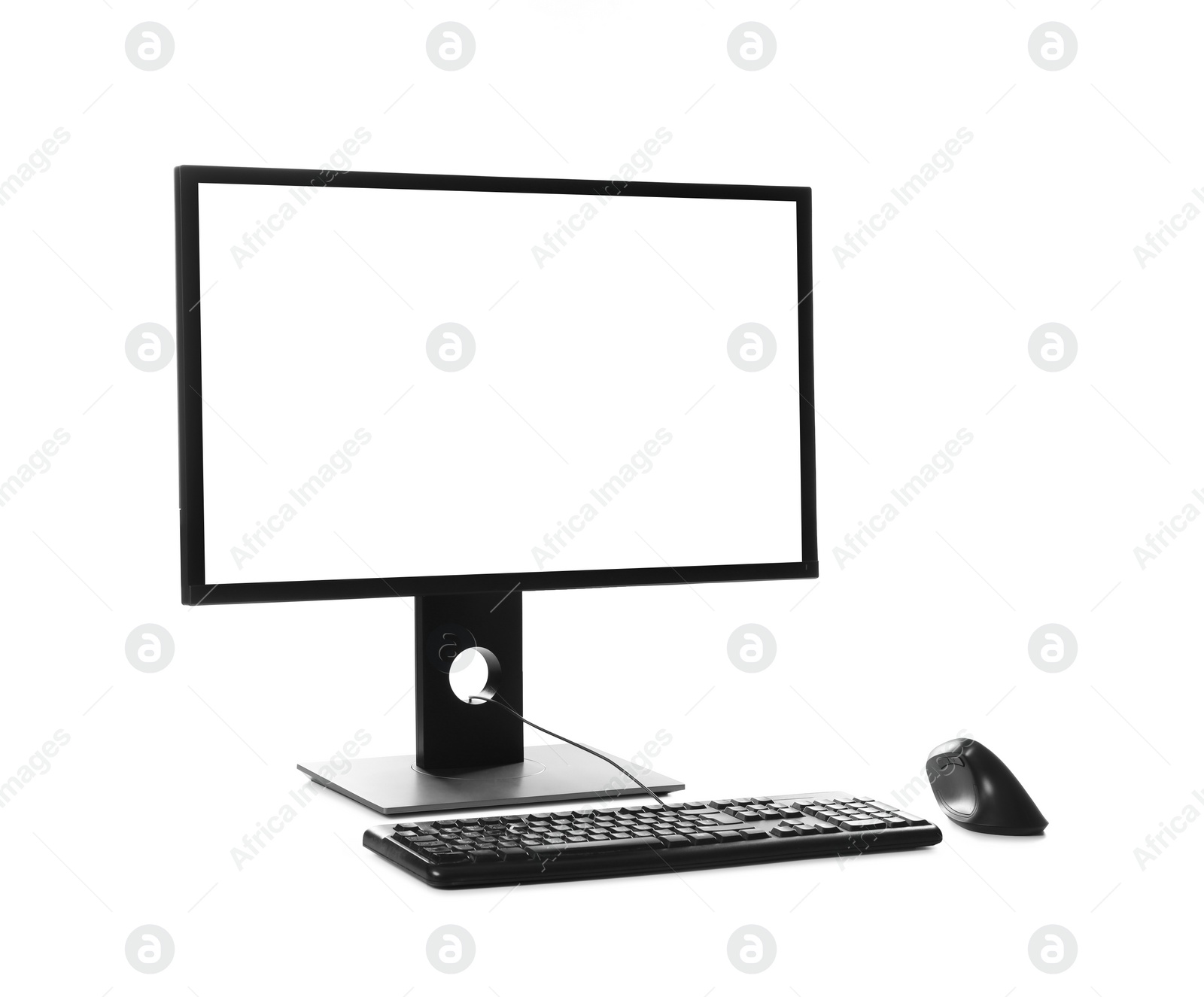 Photo of Modern computer with blank monitor screen and peripherals on white background