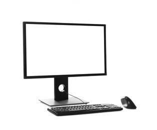 Photo of Modern computer with blank monitor screen and peripherals on white background