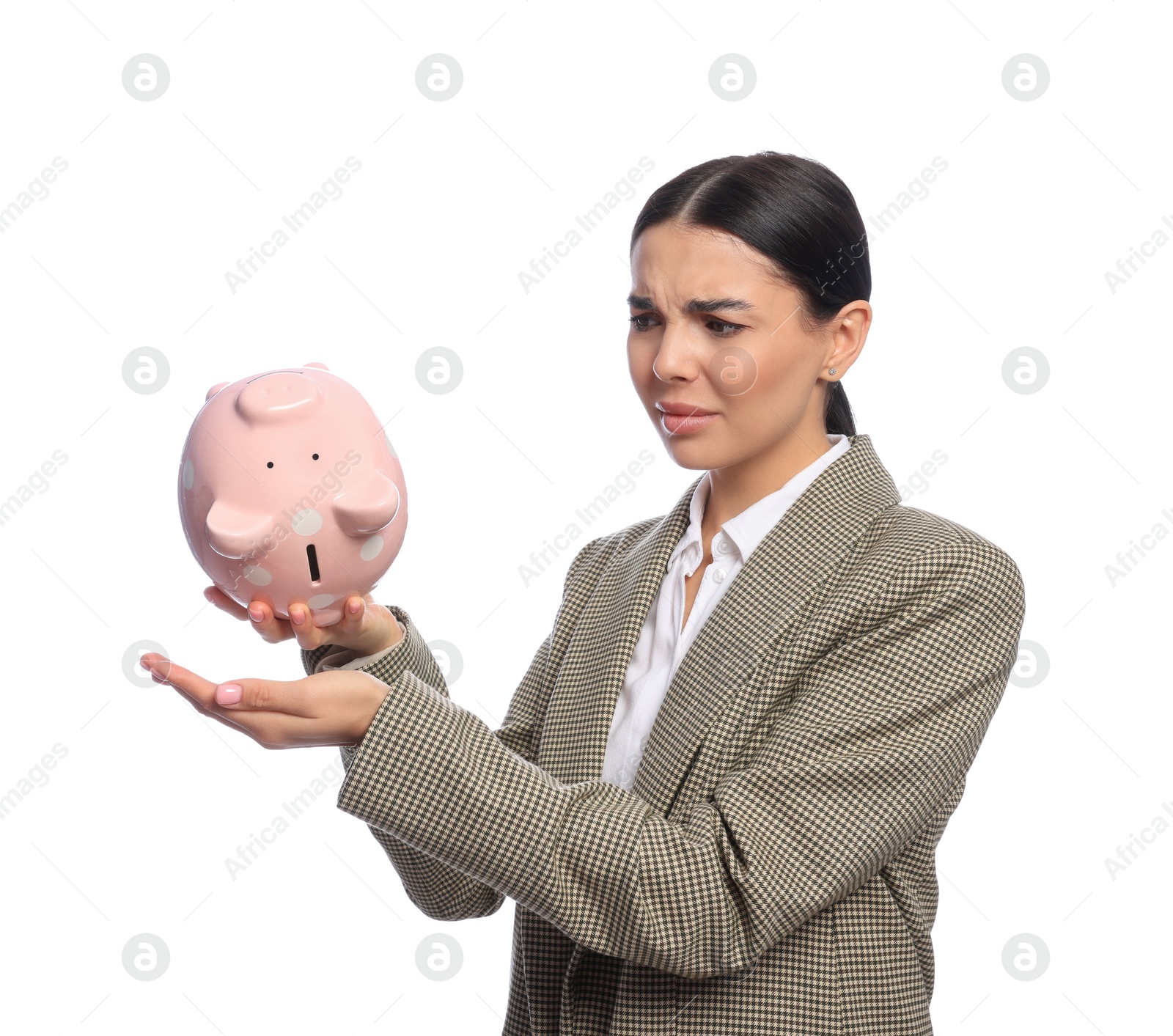 Photo of Sad young businesswoman with piggy bank on white background