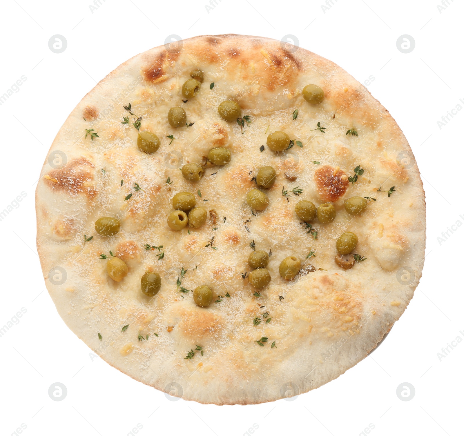 Photo of Traditional Italian focaccia bread with olives, cheese and thyme isolated on white, top view