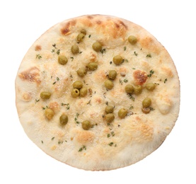 Photo of Traditional Italian focaccia bread with olives, cheese and thyme isolated on white, top view