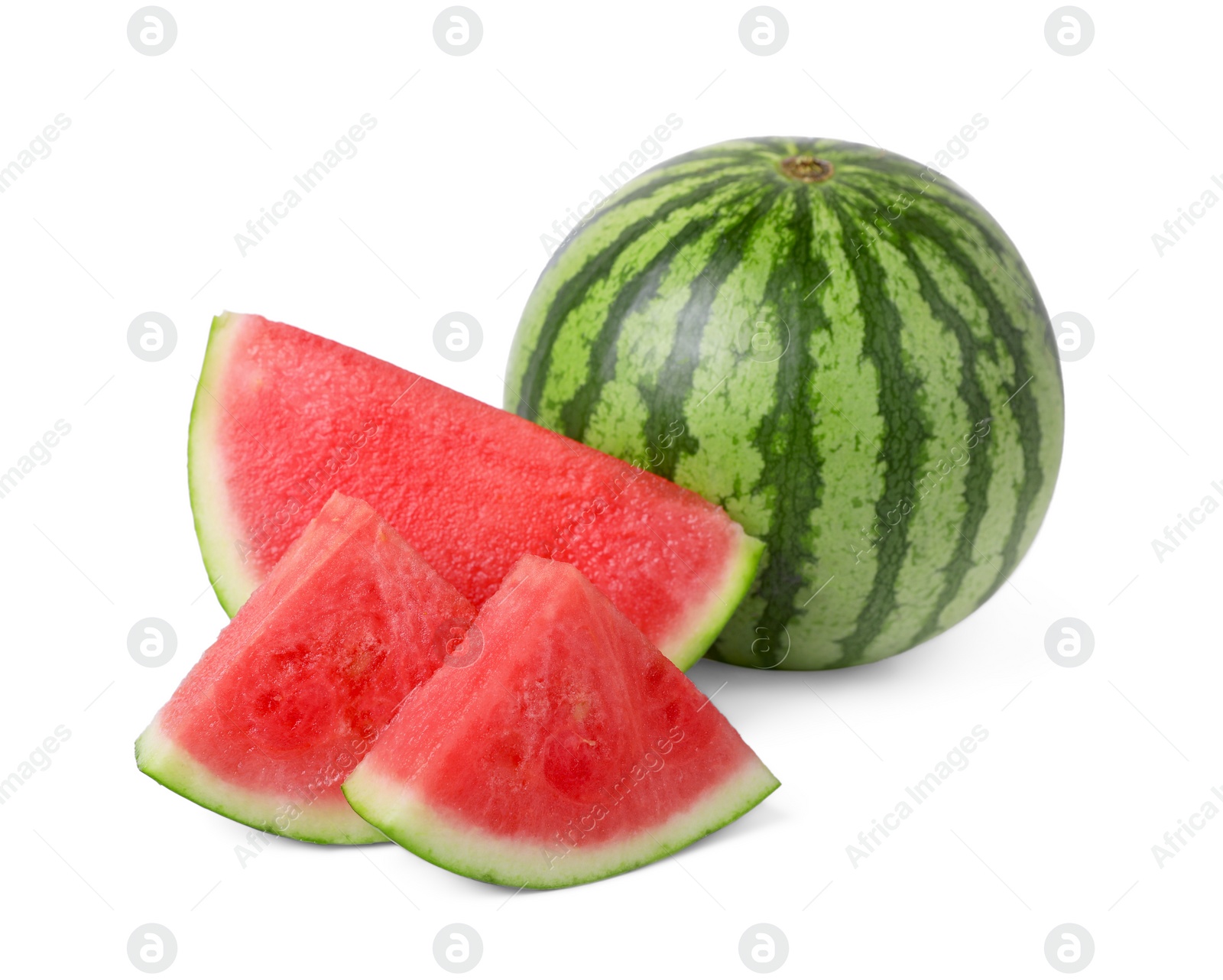 Photo of Delicious cut and whole ripe watermelons on white background