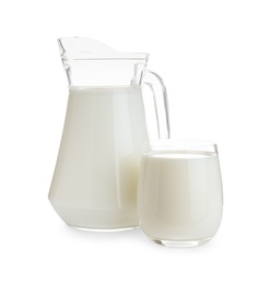 Photo of Jug and glass with fresh milk on white background