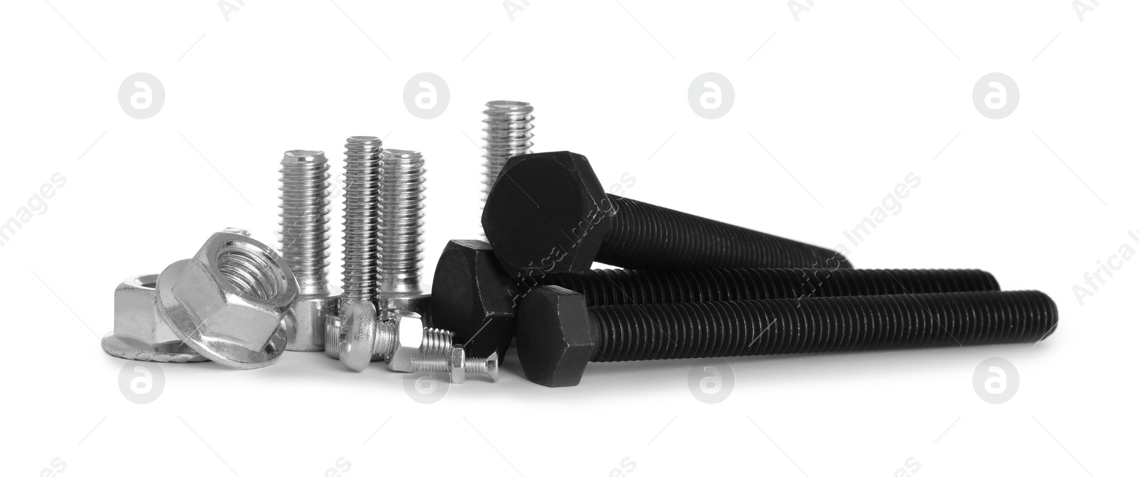 Photo of Different metal bolts and nuts on white background