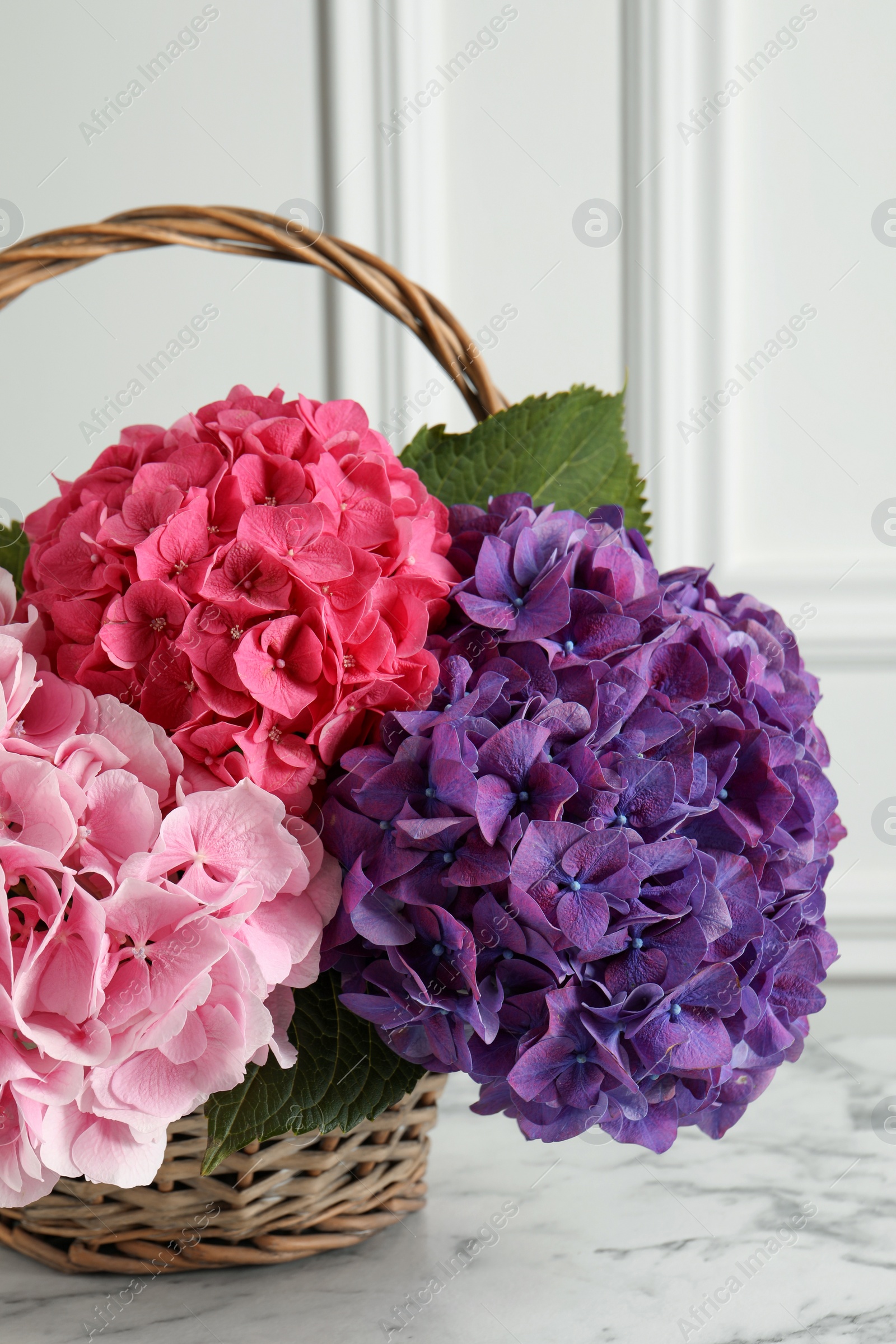 Photo of Bouquet with beautiful hortensia flowers in wicker basket on white marble table