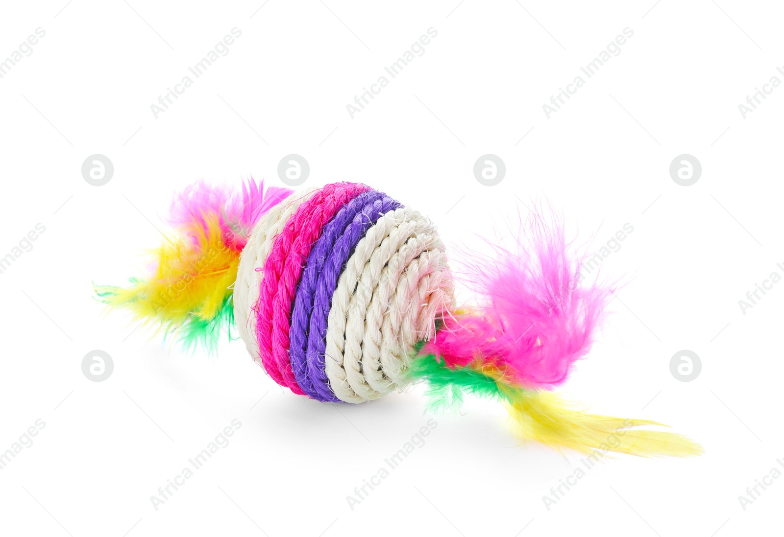 Photo of Straw toy with feathers for cat on white background. Pet accessory