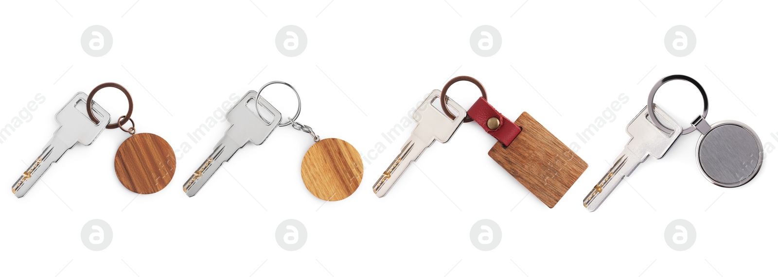 Image of Set of keys with key chains isolated on white