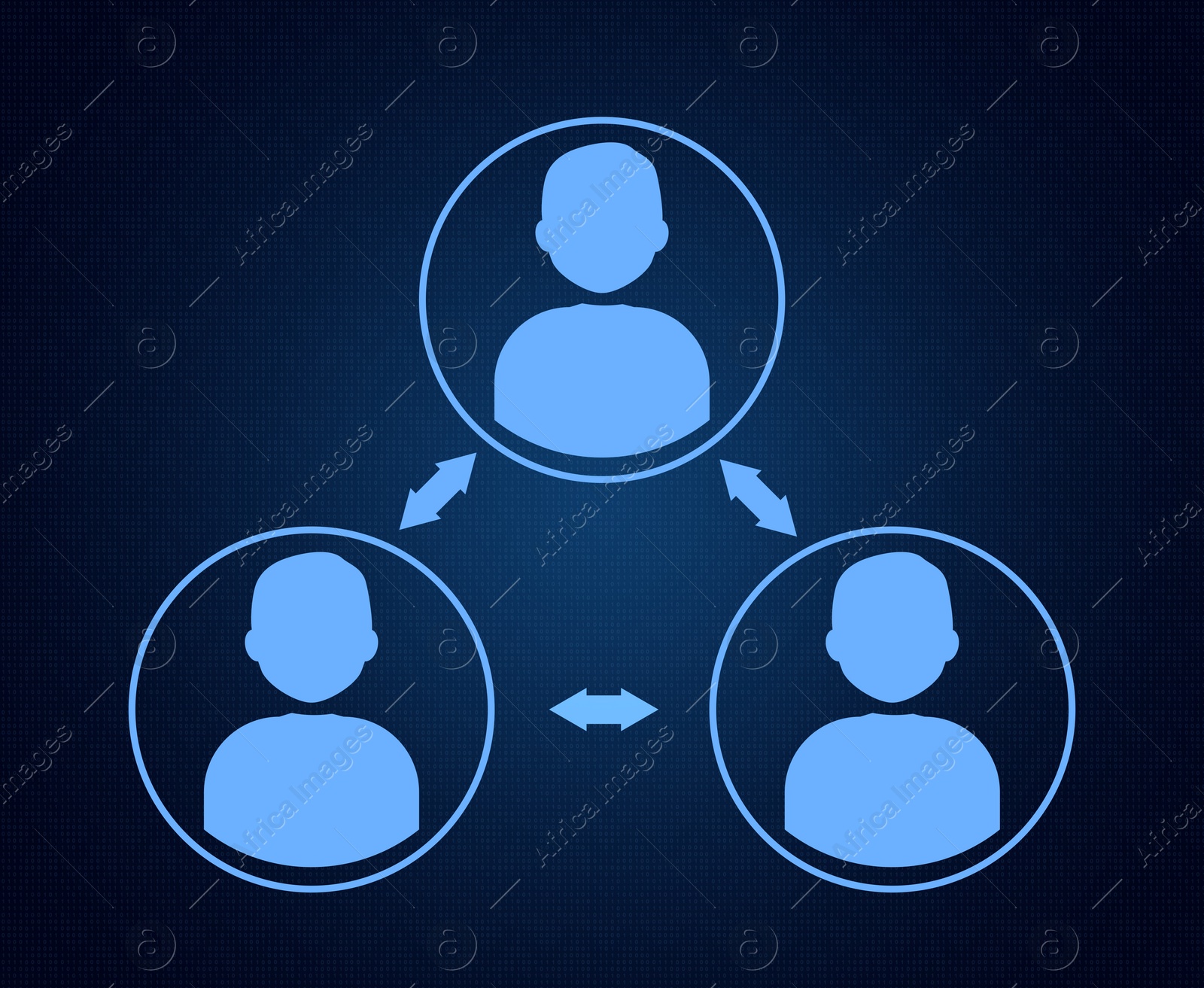 Illustration of Human icons connected with double arrows on dark blue background, illustration. Multi-user system