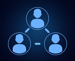 Human icons connected with double arrows on dark blue background, illustration. Multi-user system