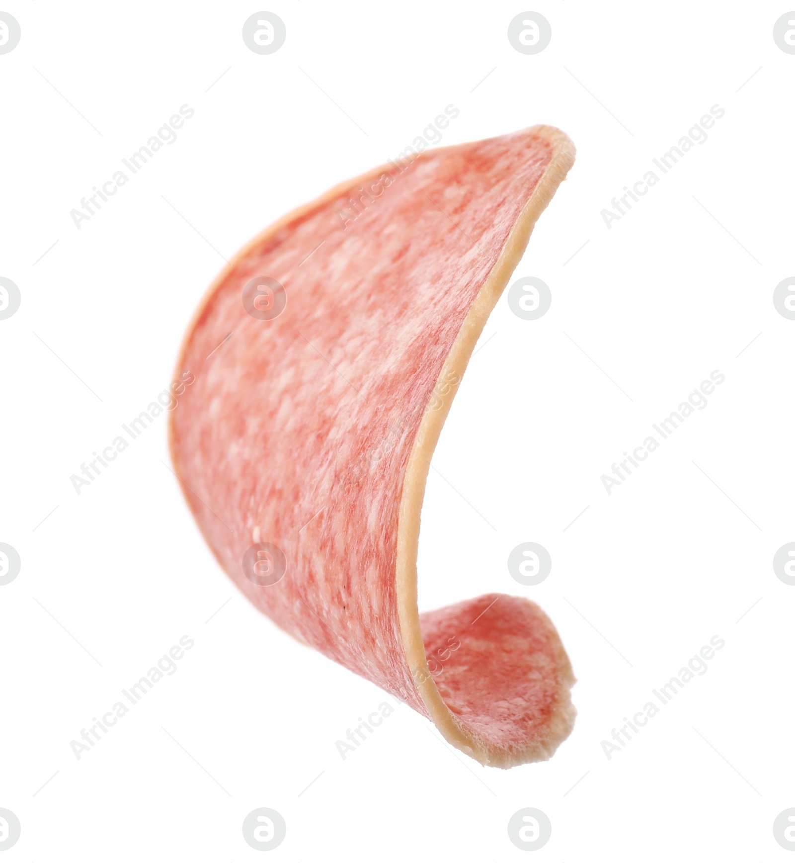 Photo of Piece of salami smoked sausage isolated on white