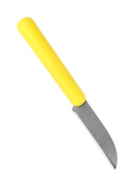 Photo of Paring knife with yellow handle isolated on white