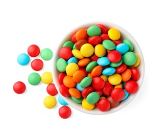 Photo of Bowl with colorful candies on white background, top view