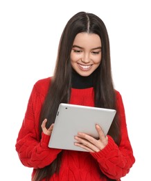 Teenage girl using tablet on white background