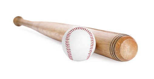 Photo of Wooden baseball bat and ball on white background. Sports equipment