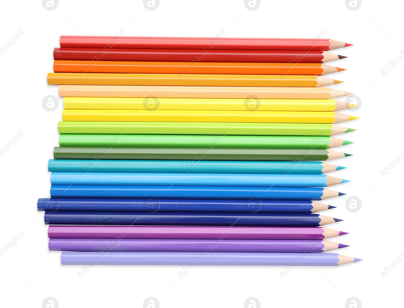 Photo of Many colorful wooden pencils on white background, top view